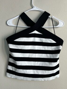 NWT Sincerely Jules Black White Striped Crossover Halter Tank Top Size L Large
